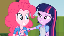 Size: 1366x768 | Tagged: safe, screencap, character:pinkie pie, character:twilight sparkle, character:twilight sparkle (alicorn), species:alicorn, equestria girls:rainbow rocks, g4, my little pony:equestria girls, couch, eyebrows, grin, holding, looking at each other, napkin, sitting, smiling, squee, straw, touch