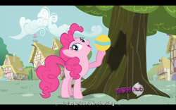 Size: 960x600 | Tagged: safe, screencap, character:pinkie pie, episode:it's about time, g4, my little pony: friendship is magic, bomb, hub logo, tree, weapon, youtube caption