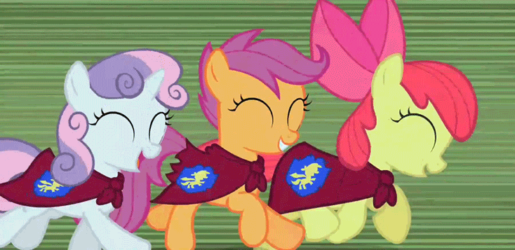 Size: 734x357 | Tagged: safe, screencap, character:apple bloom, character:scootaloo, character:sweetie belle, species:pegasus, species:pony, episode:stare master, g4, my little pony: friendship is magic, adorabloom, animated, cute, cutealoo, cutie mark crusaders, diasweetes, eyes closed, gotta go fast, happy, open mouth, running, smiling, speed lines, talking