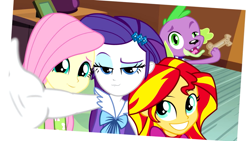 Size: 1280x720 | Tagged: safe, screencap, character:fluttershy, character:rarity, character:spike, character:sunset shimmer, species:dog, equestria girls:rainbow rocks, g4, my little pony:equestria girls, clothing, female, male, pajamas, photobomb, selfie, spike the dog