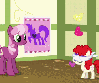 Size: 348x292 | Tagged: safe, screencap, character:cheerilee, character:sweetie belle, character:twist, episode:hearts and hooves day, g4, my little pony: friendship is magic, animated, cheeribetes, cute, dawwww, funny background event, gif, glasses, heart, pin the heart on the pony, stabbing, twistabetes