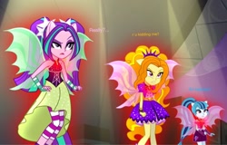 Size: 1942x1246 | Tagged: safe, screencap, character:adagio dazzle, character:aria blaze, character:sonata dusk, equestria girls:rainbow rocks, g4, my little pony:equestria girls, bare shoulders, fin wings, for realzies, ponied up, sleeveless, the dazzlings