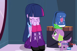 Size: 1412x930 | Tagged: safe, screencap, character:spike, character:twilight sparkle, species:dog, my little pony:equestria girls, clothing, hindi, india, skirt, spike the dog, tamil, tata sky, television, telugu, upskirt denied