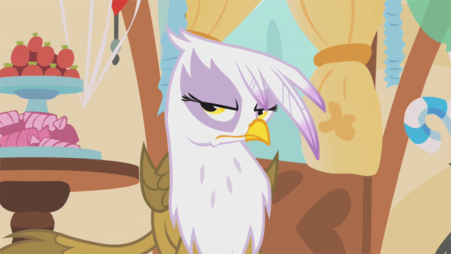 Size: 640x360 | Tagged: safe, screencap, character:gilda, character:pinkie pie, species:griffon, episode:griffon the brush-off, animated, annoyed, duo, hug, sugarcube corner