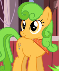Size: 338x408 | Tagged: safe, screencap, character:perfect pie, species:earth pony, species:pony, episode:the last roundup, g4, my little pony: friendship is magic, apple family member, apple pie (character), background pony, bandana, cropped, female, mare, smiling, solo
