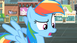 Size: 1920x1080 | Tagged: safe, screencap, character:rainbow dash, species:pegasus, species:pony, episode:rarity takes manehattan, g4, my little pony: friendship is magic, confused, female, manehattan, mare, rain, saddle row, solo