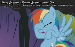 Size: 800x500 | Tagged: safe, screencap, character:rainbow dash, bronyetiquette, image macro, meta, revised, text
