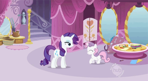 Size: 500x275 | Tagged: safe, artist:animatedponies, screencap, character:rarity, character:sweetie belle, episode:sisterhooves social, g4, my little pony: friendship is magic, animated, cute, dawwww, hopping, hub logo, pronking