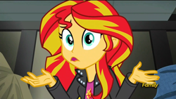 Size: 1920x1080 | Tagged: safe, screencap, character:sunset shimmer, equestria girls:rainbow rocks, g4, my little pony:equestria girls, discovery family, discovery family logo, shrug, shrugset shimmer, solo