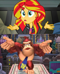 Size: 1280x1558 | Tagged: safe, screencap, character:sunset shimmer, equestria girls:rainbow rocks, g4, my little pony:equestria girls, comparison, donkey kong, donkey kong country, shrug, shrugset shimmer, solo, super smash bros.