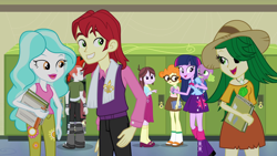 Size: 1920x1080 | Tagged: safe, screencap, character:nolan north, character:paisley, character:scribble dee, character:spike, character:velvet sky, species:dog, g4, my little pony:equestria girls, background human, book, crimson napalm, laughing, nolan north, notebook, school, spike the dog, sweet leaf, velvet sky
