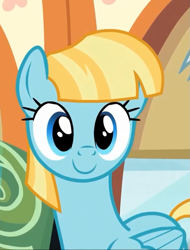 Size: 599x787 | Tagged: safe, screencap, character:helia, species:pegasus, species:pony, episode:rainbow falls, g4, my little pony: friendship is magic, season 4, background pony, cute, female, friendship express, heliadorable, looking at you, mare, solo, train