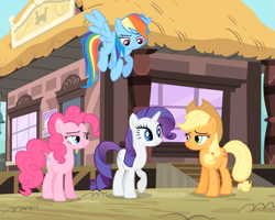 Size: 1071x855 | Tagged: safe, screencap, character:applejack, character:pinkie pie, character:rainbow dash, character:rarity, species:earth pony, species:pegasus, species:pony, species:unicorn, episode:three's a crowd, g4, my little pony: friendship is magic, applejack is not amused, applejack's hat, clothing, cowboy hat, female, flying, hat, mare, pinkie pie is not amused, rainbow dash is not amused, unamused