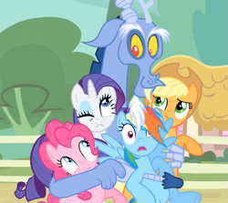 Size: 1209x1077 | Tagged: safe, screencap, character:applejack, character:discord, character:pinkie pie, character:rainbow dash, character:rarity, species:draconequus, species:earth pony, species:pegasus, species:pony, species:unicorn, episode:three's a crowd, g4, my little pony: friendship is magic, applejack's hat, blue flu, clothing, cowboy hat, do not want, group hug, hape, hat, help, hug, quintet