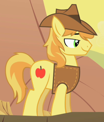 Size: 422x498 | Tagged: safe, screencap, character:braeburn, species:earth pony, species:pony, episode:over a barrel, g4, my little pony: friendship is magic, clothing, cropped, desert, hat, lidded eyes, male, smiling, solo, stallion, vest