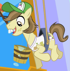 Size: 529x538 | Tagged: safe, screencap, character:hayseed turnip truck, species:earth pony, species:pony, episode:sweet and elite, g4, my little pony: friendship is magic, baseball cap, bucket, bucktooth, clothing, cropped, hat, male, shirt, solo, stallion, t-shirt
