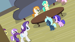 Size: 1280x720 | Tagged: safe, screencap, character:banana peel, character:lightning flare, character:mint flower, character:plumberry, character:rarity, species:earth pony, species:pegasus, species:pony, species:unicorn, episode:for whom the sweetie belle toils, 5-year-old, brown sugar, burnout (character), colt, filly, male, titania