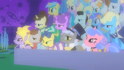Size: 1280x720 | Tagged: safe, screencap, character:bruce mane, character:caesar, character:daisy, character:diamond mint, character:eclair créme, character:fine line, character:lemony gem, character:lyrica lilac, character:minuette, character:north star (g4), character:orion, character:royal ribbon, character:serena, character:spring forward, character:star gazer, species:earth pony, species:pony, species:unicorn, episode:the best night ever, g4, my little pony: friendship is magic, background pony, before, choker, clothing, dress, female, flower, flower in hair, hat, jewelry, male, mare, masquerade, monocle, monocle and top hat, necklace, necktie, orrery, pearl necklace, romana, saddle, skirt, stallion, tack, top hat