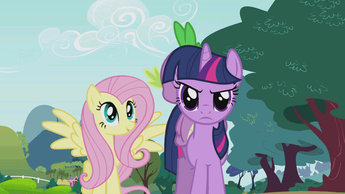 Size: 1152x648 | Tagged: safe, screencap, character:fluttershy, character:spike, character:twilight sparkle, episode:friendship is magic, g4, my little pony: friendship is magic, animated, animation error, grumpy, grumpy twilight, ponyville