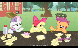 Size: 960x600 | Tagged: safe, screencap, character:apple bloom, character:scootaloo, character:sweetie belle, species:pegasus, species:pony, episode:ponyville confidential, g4, my little pony: friendship is magic, bored, cutie mark crusaders, pondering, thinking bloom, youtube caption