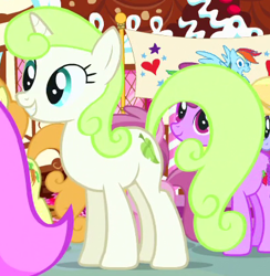Size: 403x413 | Tagged: safe, screencap, character:berry punch, character:berryshine, character:carrot top, character:cloud kicker, character:golden harvest, character:minty green, species:pony, species:unicorn, episode:pinkie pride, g4, my little pony: friendship is magic, background pony, cropped, female, mare, smiling, solo focus