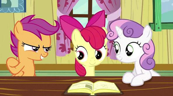 Size: 593x329 | Tagged: safe, screencap, character:apple bloom, character:scootaloo, character:sweetie belle, species:pegasus, species:pony, episode:hearts and hooves day, g4, my little pony: friendship is magic, animated, clubhouse, crusaders clubhouse, cutie mark crusaders, smiling, trio