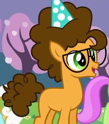 Size: 528x602 | Tagged: safe, screencap, character:cheese sandwich, character:merry may, species:earth pony, species:pony, episode:pinkie pride, g4, my little pony: friendship is magic, background pony, clothing, colt, cropped, cute, diacheeses, glasses, hat, male, party hat, solo, solo focus, young, younger
