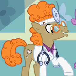 Size: 550x550 | Tagged: safe, screencap, character:doctor muffin top, character:spike, episode:secret of my excess, g4, my little pony: friendship is magic, clothing, doctor, glasses, head mirror, solo, stethoscope, teenage spike