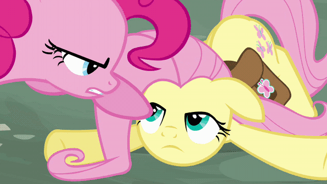 Size: 640x360 | Tagged: safe, screencap, character:fluttershy, character:pinkie pie, episode:putting your hoof down, g4, my little pony: friendship is magic, :o, animated, cross-eyed, face down ass up, floppy ears, flying, frown, glare, poking, pony tipping, revenge, smirk, spread wings, the tables have turned, wide eyes, wings