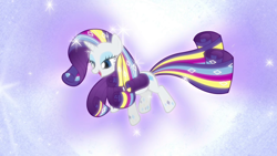 Size: 1280x720 | Tagged: safe, screencap, character:rarity, episode:twilight's kingdom, g4, my little pony: friendship is magic, lidded eyes, open mouth, rainbow power, rainbow power-ified, smiling, solo, sparkles