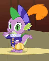 Size: 286x357 | Tagged: safe, screencap, character:spike, episode:hearth's warming eve, g4, my little pony: friendship is magic, clothing, costume, narrator, outfit catalog, ruff (clothing), solo