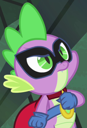 Size: 478x698 | Tagged: safe, screencap, character:humdrum, character:spike, episode:power ponies, g4, my little pony: friendship is magic, clothing, costume, solo