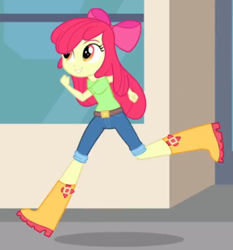 Size: 534x572 | Tagged: safe, screencap, character:apple bloom, episode:music to my ears, equestria girls:rainbow rocks, g4, my little pony:equestria girls, boots, clothing, female, running, shoes, short pants, smiling, solo