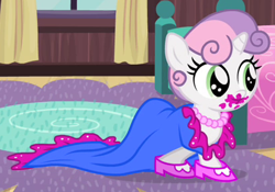 Size: 412x288 | Tagged: safe, screencap, character:sweetie belle, episode:for whom the sweetie belle toils, 5-year-old, 5-year-old sweetie belle, clothing, dress, filly, necklace, outfit catalog, shoes, solo, young, younger