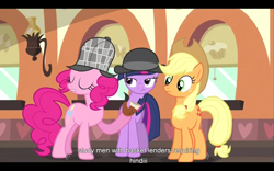 Size: 1280x800 | Tagged: safe, screencap, character:applejack, character:pinkie pie, character:twilight sparkle, species:earth pony, species:pony, species:unicorn, episode:mmmystery on the friendship express, g4, my little pony: friendship is magic, bubble pipe, clothing, deerstalker, female, hat, mare, youtube caption