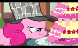 Size: 960x600 | Tagged: safe, screencap, character:pinkie pie, species:earth pony, species:pony, episode:mmmystery on the friendship express, g4, my little pony: friendship is magic, cake, clothing, deerstalker, female, food, hat, mare, solo, youtube caption