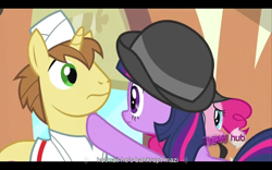 Size: 1280x800 | Tagged: safe, screencap, character:donut joe, character:pinkie pie, character:twilight sparkle, episode:mmmystery on the friendship express, g4, my little pony: friendship is magic, youtube caption