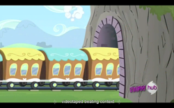 Size: 960x600 | Tagged: safe, screencap, episode:mmmystery on the friendship express, g4, my little pony: friendship is magic, hub logo, train, youtube caption