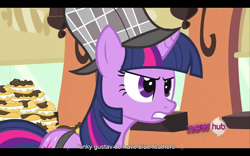 Size: 960x600 | Tagged: safe, screencap, character:twilight sparkle, species:pony, species:unicorn, episode:mmmystery on the friendship express, g4, my little pony: friendship is magic, clothing, deerstalker, female, hat, hub logo, mare, solo, youtube caption
