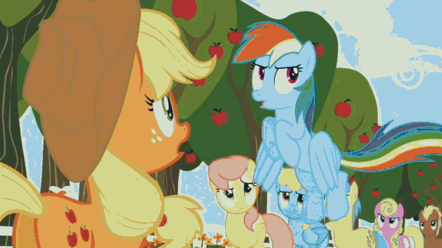 Size: 640x360 | Tagged: safe, screencap, character:applejack, character:daisy, character:gala appleby, character:goldengrape, character:meadow song, character:pink lady, character:rainbow dash, character:sassaflash, species:earth pony, species:pegasus, species:pony, episode:the super speedy cider squeezy 6000, g4, my little pony: friendship is magic, animated, apple family member, butt, female, mare, plot