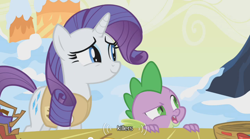 Size: 500x277 | Tagged: safe, screencap, character:rarity, character:spike, episode:winter wrap up, g4, my little pony: friendship is magic, youtube caption