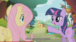 Size: 500x277 | Tagged: safe, screencap, character:applejack, character:fluttershy, character:twilight sparkle, youtube caption