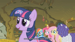 Size: 500x277 | Tagged: safe, screencap, character:applejack, character:fluttershy, character:pinkie pie, character:rainbow dash, character:rarity, character:twilight sparkle, youtube caption, zecora's hut