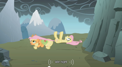 Size: 500x277 | Tagged: safe, screencap, character:applejack, character:fluttershy, youtube caption