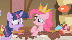 Size: 500x277 | Tagged: safe, screencap, character:pinkie pie, character:twilight sparkle, youtube caption
