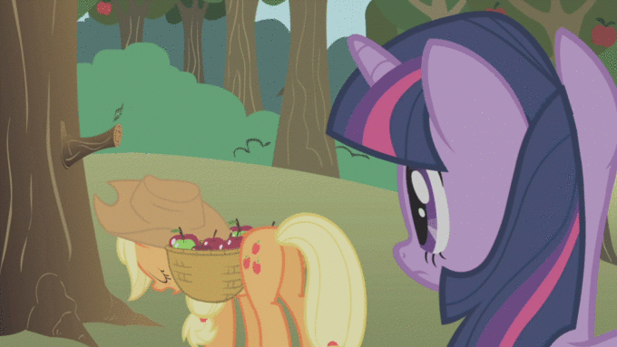 Size: 680x383 | Tagged: safe, screencap, character:applejack, character:twilight sparkle, species:pony, episode:applebuck season, g4, my little pony: friendship is magic, animated, dozing upright like horses do, eyes closed, female, mare, out of context, plot, sleeping, sleeping while standing, standing, tail flick