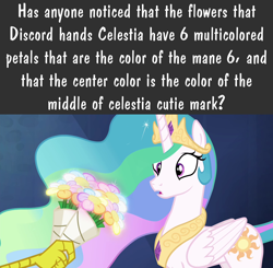 Size: 1280x1256 | Tagged: safe, screencap, character:discord, character:princess celestia, flower, overanalyzing, text
