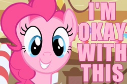 Size: 750x500 | Tagged: safe, screencap, character:pinkie pie, episode:baby cakes, g4, my little pony: friendship is magic, caption, happy, i'm okay with this, image macro, meme, pink text, reaction image, smiling, solo
