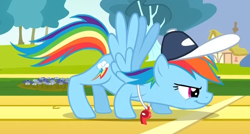 Size: 842x450 | Tagged: safe, screencap, character:rainbow dash, episode:hurricane fluttershy, g4, my little pony: friendship is magic, baseball cap, clothing, great moments in animation, hat, incorrect leg anatomy, solo, wat, whistle