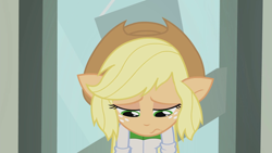 Size: 1280x720 | Tagged: safe, screencap, character:applejack, episode:a case for the bass, g4, my little pony:equestria girls, cute, floppy ears, jackabetes, ponied up, pony ears, sad, unhapplejack